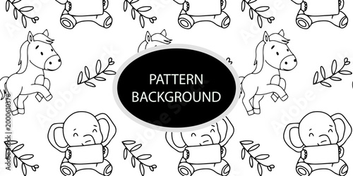 Outline handrawing horse and elephant cute pattern background design . Repeating exploding print, texture for fabric, wallpaper and wrapping. Flat vector illustration