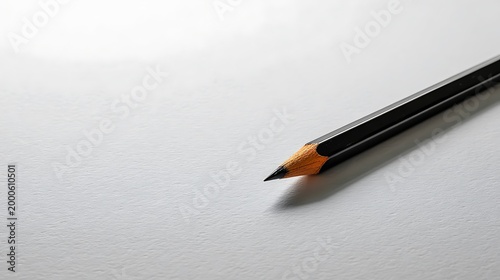 Black wooden pencil with a sharpened tip resting on a white textured paper surface