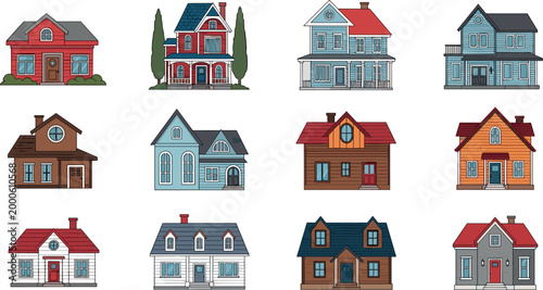 House collection with different residential buildings, cottages and suburban homes, architecture facade vector illustration set