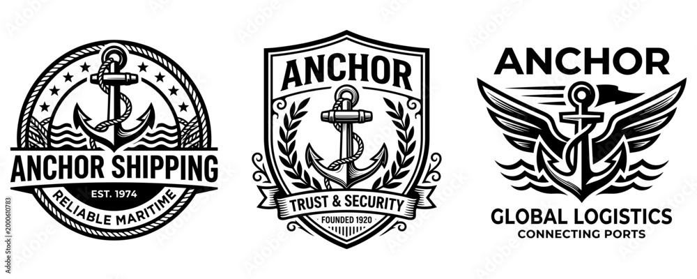 Obraz premium Set of vintage maritime and logistics logos featuring anchors, nautical emblems for shipping and global transport companies.