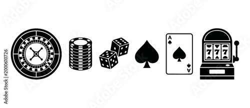 Casino Gambling Icons Set, Roulette Wheel, Poker Chips, Dice, Playing Cards and Slot Machine, Black and White Vector Illustration for Gaming, Betting, Online Casino Apps and Entertainment Design Eleme