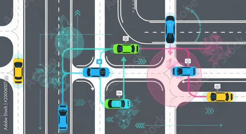 Illustration of autonomous vehicles navigating a complex intersection with sensors and data visualization.