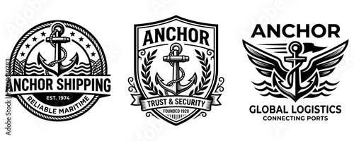 Set of vintage maritime and logistics logos featuring anchors, nautical emblems for shipping and global transport companies.