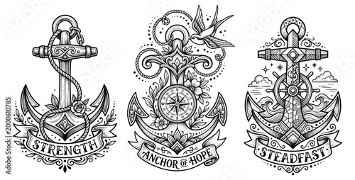 Set of vintage nautical anchor tattoo designs with swallow bird, compass, and banners. Black and white maritime vector illustrations with Strength, Anchor of Hope, and Steadfast typography.