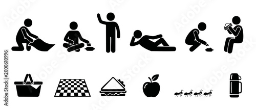 Picnic People Icon Set: Diverse Human Activities and Leisure Objects for Outdoor Recreation Design, Summer Vacation Symbols, Flat Vector Silhouette Illustration Collection for Family Events and Food G