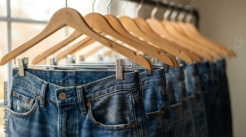 Blue jeans hang on wooden hangers in a store display
