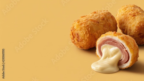 Golden spanish ham croquettes with melted cheese filling