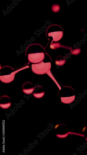 abstract 3d background wallpaper. Small red water molecules float in a dark environment, displaying their structure through reflections and light.	
