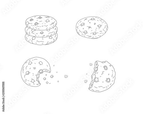 hand drawn chocolate chip cookie set doodle line art with whole broken crumbs biscuit collection bakery food illustration minimal outline vector isolated white background sweet snack dessert