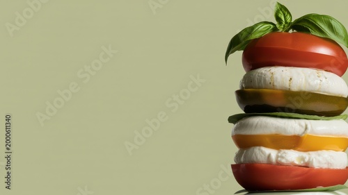 Layered heirloom tomatoes creamy burrata cheese basil leaves