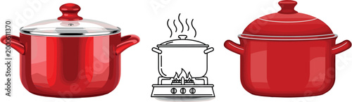Red cooking pot with lid boiling on stove kitchen cookware food preparation equipment vector illustration isolated set