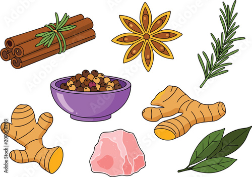 Herbs and Spices Icon Set with Cinnamon, Ginger, Star Anise, Rosemary, and Spice Blend for Cooking, Recipes, and Culinary Designs on Websites, Apps, and Digital Media.