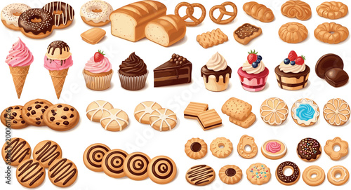 Sweet bakery desserts collection with donuts cookies cakes cupcakes bread and pastries, colorful food vector illustration set