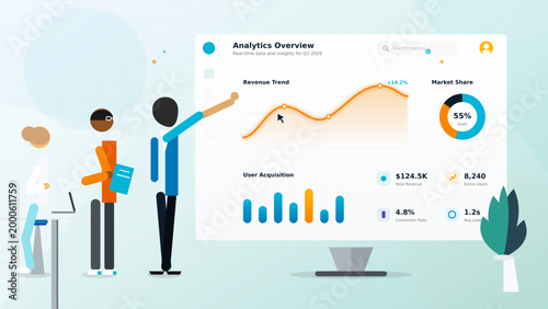 Business analytics dashboard team collaboration growth charts monitor vector