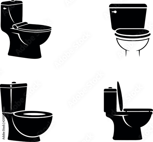 Toilet silhouette set with different bathroom fixtures, sanitary equipment icons and restroom symbols vector illustration collection