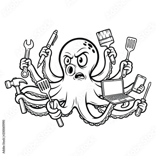 Overworked octopus a cartoon illustration of multitasking and stress