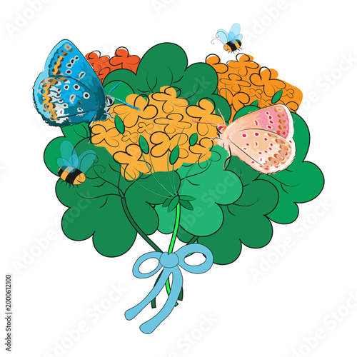 A bouquet of flowers with butterflies and bees flying over it. Isolate on white background. Vector illustration
