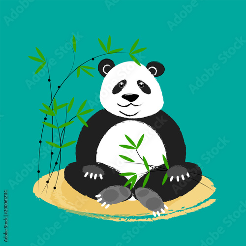 A cartoon panda sits in a bamboo grove and holds a bamboo branch. Vector illustration