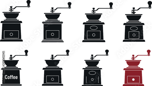 Vintage coffee grinder collection with manual hand mills, retro kitchen tools and barista equipment vector illustration set