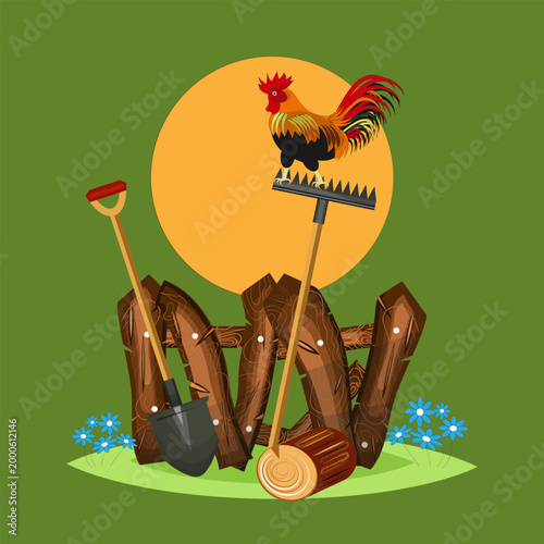 Old wooden fence with rake and spade. On the garden tool sits a rooster. Under the fence lies a log and grow blue flowers. Vector illustration