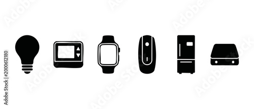 Smart Home Devices Icon Set, Internet of Things IoT Technology Symbols, Connected Appliances Vector Collection including Lightbulb, Thermostat, Smartwatch, Doorbell, Refrigerator, and Router Router Hu