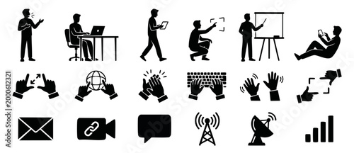 Business People Icons Set for Communication and Technology Digital Vector Illustrations, Professional Office Workers, Hand Gestures, Connectivity Symbols, Minimalist Black Silhouette Graphics Isolated
