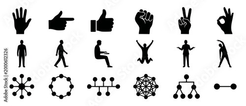 Human Hands Gestures And Body Poses Icon Set For UI UX Design, Vector Silhouette Collection Of People Movements, Social Interaction Symbols, And Network Data Connection Diagrams For Business Applicati