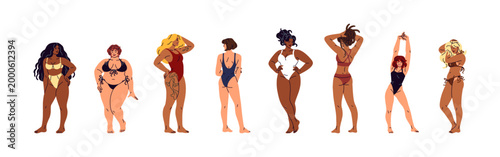 Group of diverse women with different figures are posing in swimsuits. Set of girls wearing bikinis. Ladies are in fashion swimwear, swimming clothes. Flat isolated vector illustrations on white