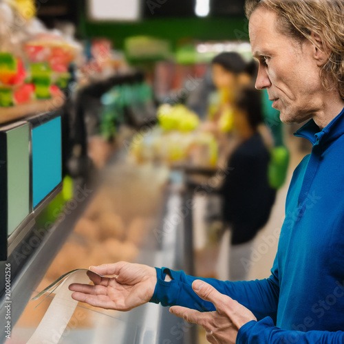 Caucasian man using selfcheckout touchscreen while scanning receipt and studying payment options, closeup of focused face and hand near terminal, modern kiosk inside busy
