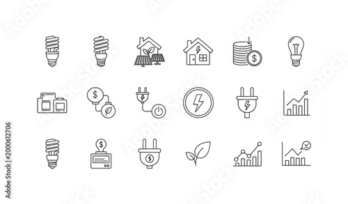 Energy efficiency editable line icon set of light bulb solar house and price reduction symbols