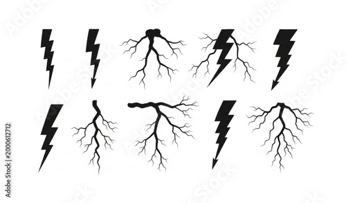 Natural jagged lightning strike silhouettes set branched thunderbolt and weather icons