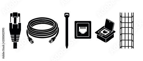 Ethernet cable network installation icons set, RJ45 connector, patch cord, cable tie, wall socket, floor box and mesh cable tray for professional structured cabling infrastructure and IT communication