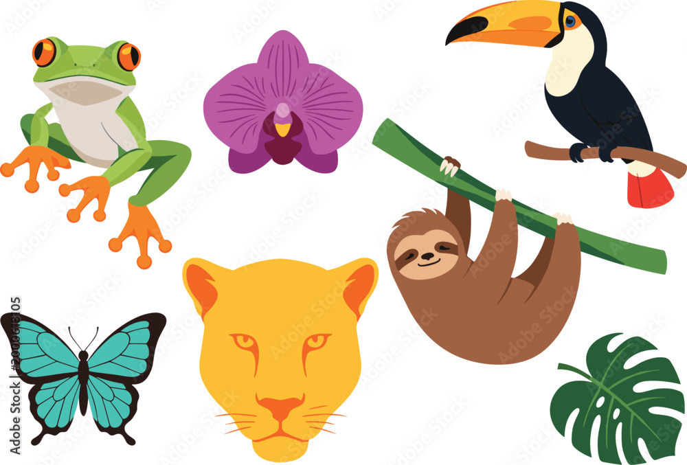 Obraz premium Tropical Animal and Plant Icon Set with Parrot, Frog, Orchid, Lion, Sloth, Toucan, and Butterfly for Websites, Apps, and Digital Media Designs.