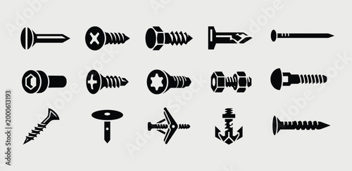 Hardware fastener icons and screw silhouettes for industrial construction design