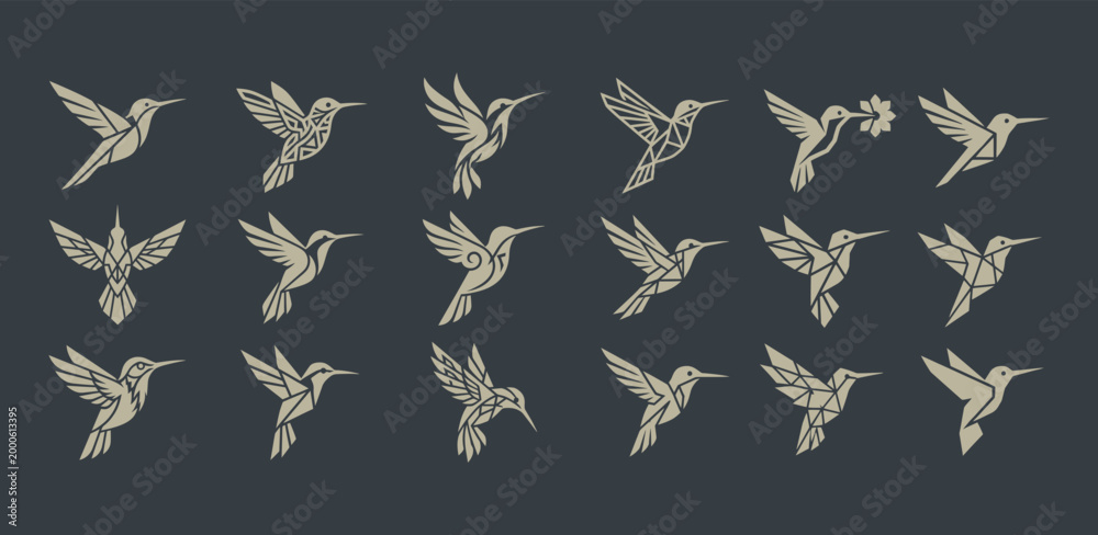 Fototapeta premium Geometric hummingbird logos set for minimalist branding and modern identity design projects