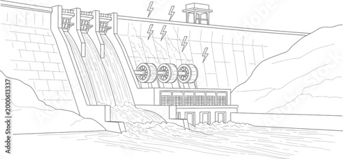A schematic illustration depicts a large dam with water cascading down its face, powering turbines for electricity generation.