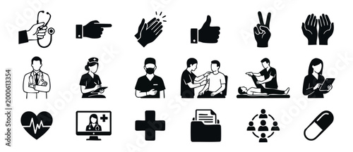 Medical Icon Set Healthcare Professional Symbols for Hospital and Clinic Design, Doctor and Nurse Silhouette Graphics, Patient Examination, Diagnostic Tools, Telemedicine and Wellness Vector Illustrat