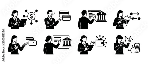 Business Fintech Icons Set, Finance Technology and Digital Banking Symbols, Professional People Using E-commerce Interfaces and Virtual Reality for Financial Management, Vector Illustration Isolated o