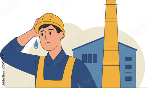 Stressed construction worker character in yellow hard hat standing at industrial factory, exhausted expression, safety gear and harsh working conditions, occupational fatigue concept, clean profession