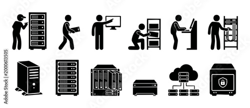 Data Center Server Icons Set, IT Infrastructure and Network Hardware Symbols, Flat Black Pictogram Collection for Cloud Computing, Technical Support, Cyber Security, and Database Management Systems