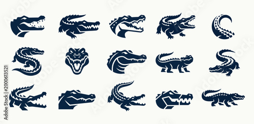 Crocodile mascot logo icons set in flat vector style for branding and sports team identity