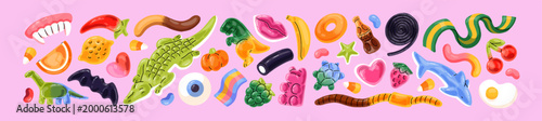 Different jellies set. Sweet gummy bears, sour worms, rainbow strips and licorice. Fruit marmalade, gelatin candies with funny shapes. Chewing confectionery. Flat isolated vector illustrations