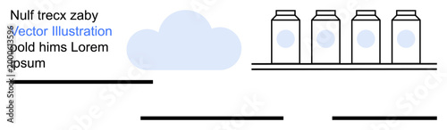 Design, digital content, e-commerce, packaging, cloud computing, modern layout. Minimal graphic with cloud, bottles on a shelf and placeholder text. Design and digital content concept