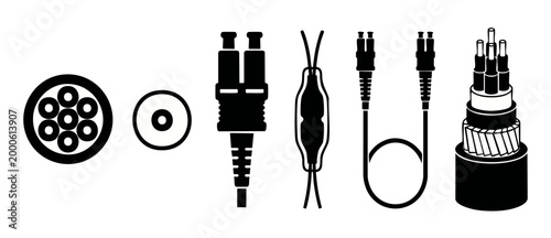 Fiber Optic Cable Icons Set, Internet Network Connectivity Symbols, Communication Technology Hardware Diagrams, Data Transmission Connectors and Structure Cross Section Vector Illustration Black Silho
