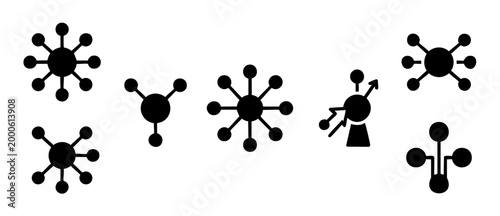 Network connection icons set, digital communication nodes and data hubs for infographic design, technology infrastructure graphics, global system flow, flat black vector illustrations for web developm