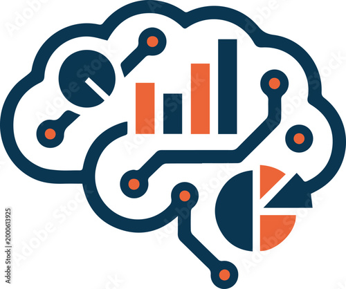 Artificial Intelligence and Data Science Concept with Brain, Bar Chart, and Pie Graph Vector Illustration