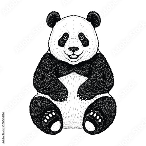 Adorable giant panda bear sitting and smiling, black and white illustration