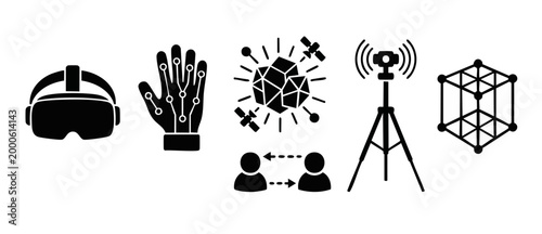 Virtual Reality Technology Icons Set for Metaverse and Digital Communication, Featuring VR Headset, Data Glove, Satellite Connectivity, Wireless Signal Tower, and Geometric 3D Mesh Structures for UI D
