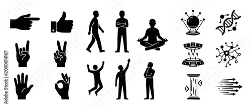 Human Body Silhouettes and Tech Icons Set, Flat Vector Collection Featuring Gestures, Poses, DNA, and Digital Innovation Symbols for Modern UI Design and Infographic Elements in Black and White Style