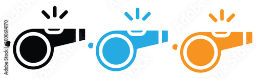 Colorful whistles in black, blue, and orange